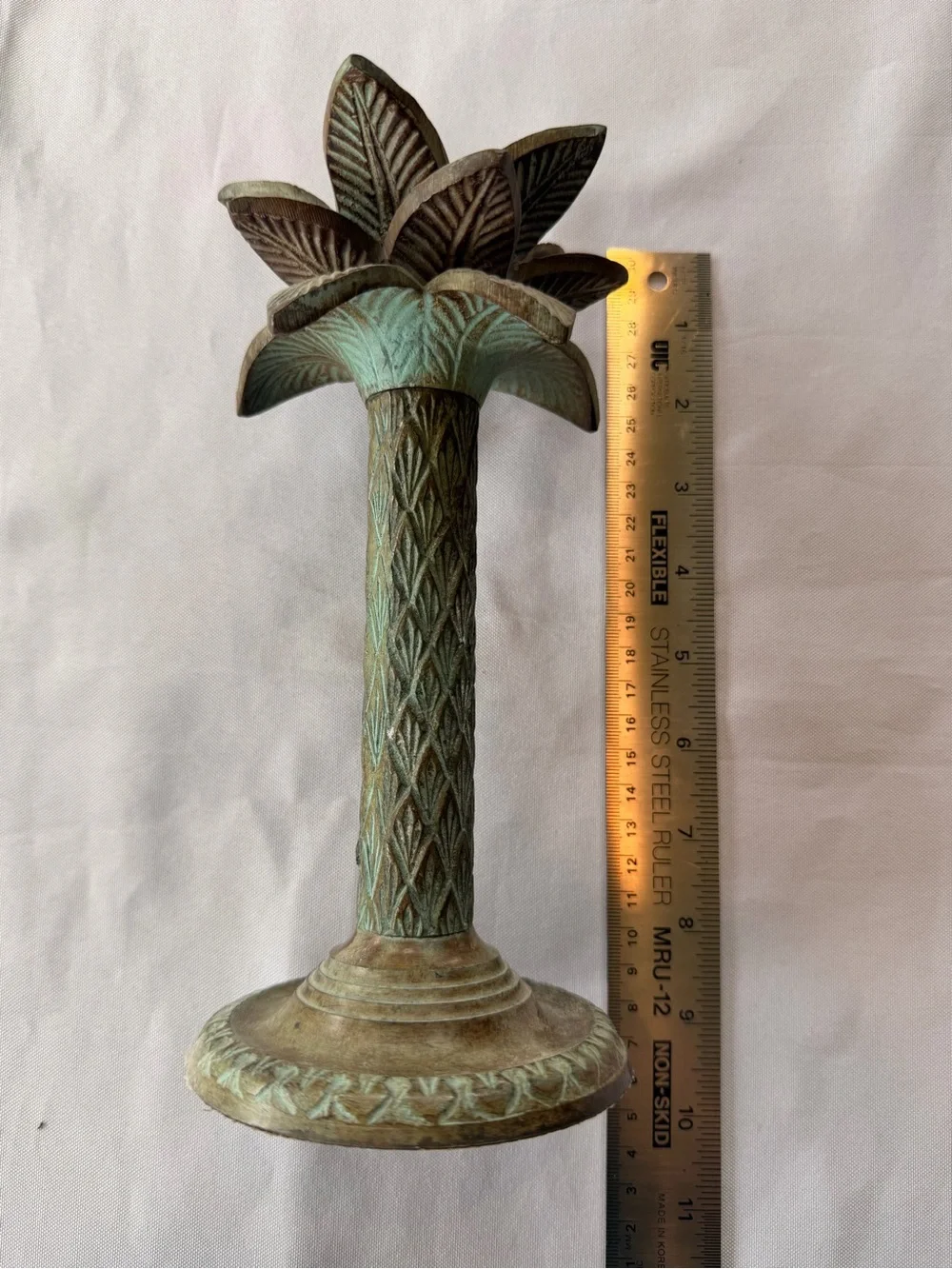Vintage Verdigris Tropical Palm Tree Candle Holder Heavy